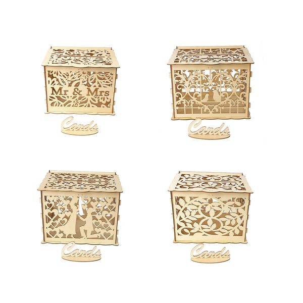 new diy hollow wedding gift card box wooden money box with lock beautiful wedding decoration supplies for birthday party storage