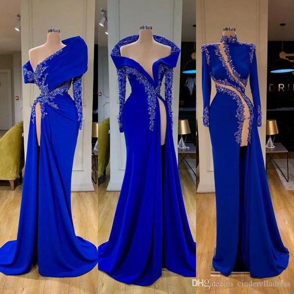 2020 arabic african royal blue evening dresses deep v neck satin high side split prom dress ruffles long sleeve celebrity gowns, Black;red
2020 arabic african royal blue evening dresses deep v neck satin high side split prom dress ruffles long sleeve celebrity gowns, Black;red