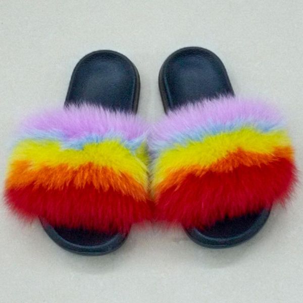 slippers summer fluffy fur shoes women furry slides outdoor sandals flip flops cute plush home, Black