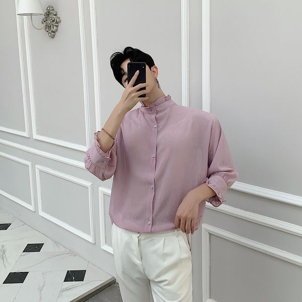 men summer shirt stand collar casual pink shirts lovers shirt male vintage fashion party dress stage costumes, White;black
men summer shirt stand collar casual pink shirts lovers shirt male vintage fashion party dress stage costumes, White;black