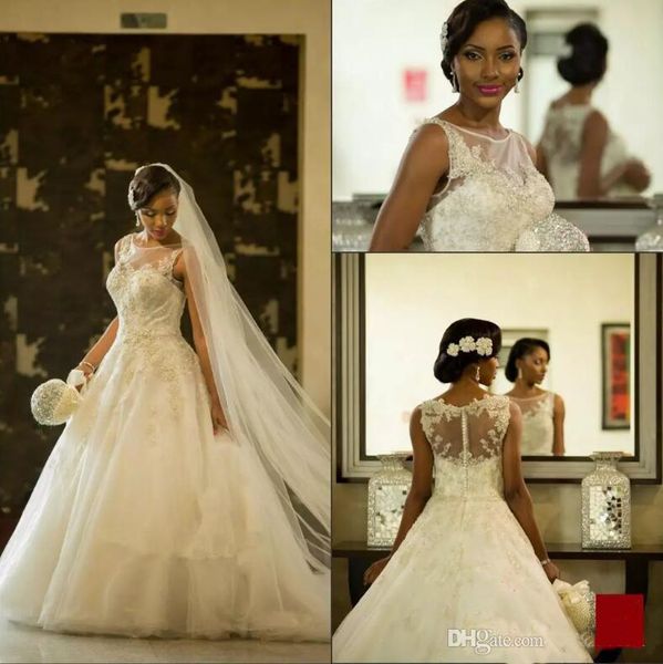 new south african lace appliques wedding dresses illusion back with buttons sheer neck sweep train bridal gowns vestios de marriage, White
new south african lace appliques wedding dresses illusion back with buttons sheer neck sweep train bridal gowns vestios de marriage, White