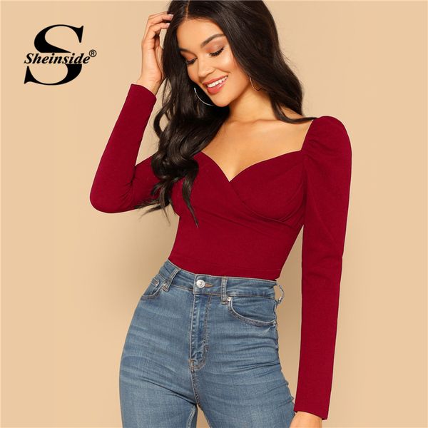 

sheinside burgundy zip back puff sleeve elegant blouse women sweetheart neck wrap front fitted female long sleeve blouses, White