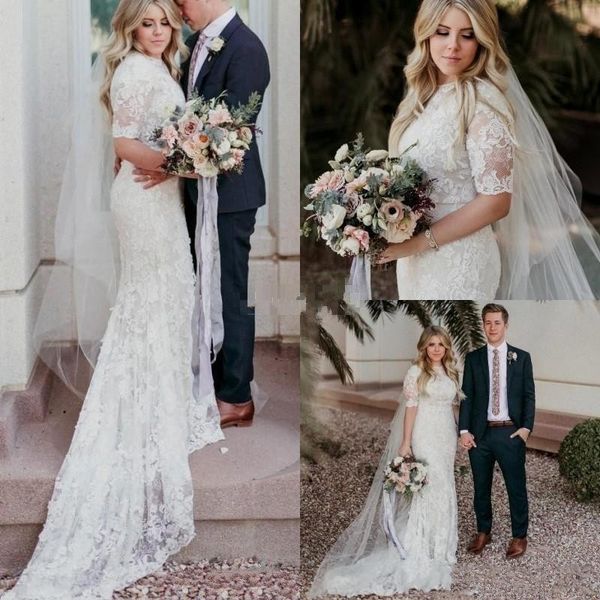 2019 country beach mermaid wedding dresses jewel illusion full lace appliques half sleeves zipper back sweep train plus size bridal gowns, White
2019 country beach mermaid wedding dresses jewel illusion full lace appliques half sleeves zipper back sweep train plus size bridal gowns, White