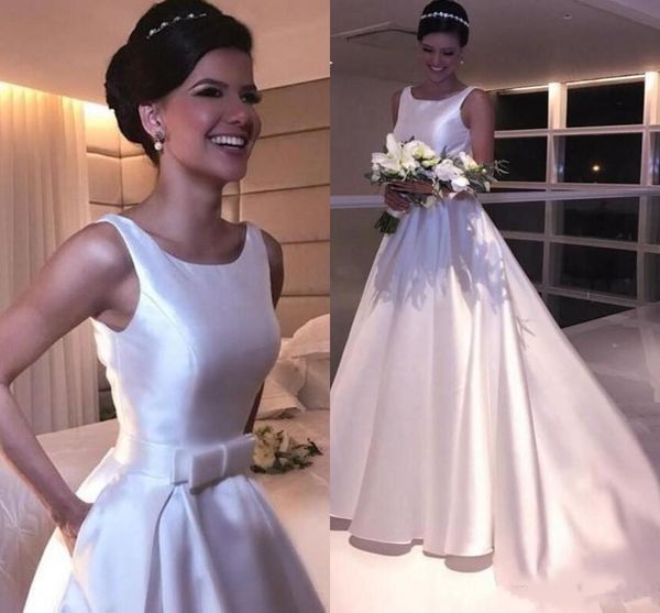 2019 Cheap Satin Jewel A Line Wedding Dresses Sleeveless With Bow Sash Country Wedding Gowns Floor Length robe de Bridal Dress Custom Made, White
2019 Cheap Satin Jewel A Line Wedding Dresses Sleeveless With Bow Sash Country Wedding Gowns Floor Length robe de Bridal Dress Custom Made, White