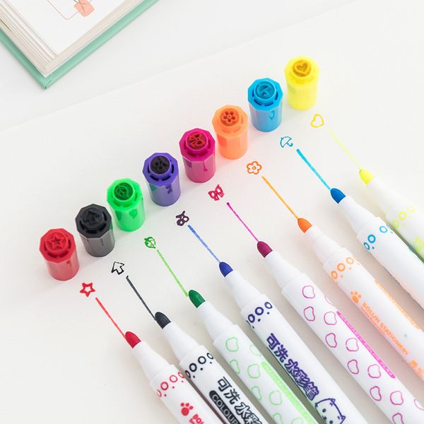 12 Colors Kawaii Seal Stamp Washable Watercolor Pen Cute Marker Pen Kid Stationery Art Graffiti Drawing Painting Supply