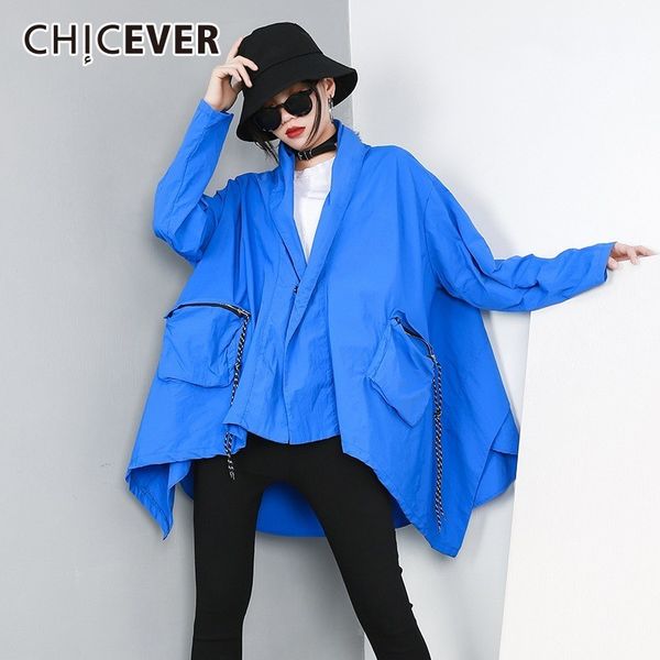 

chicever spring women windbreaker hooded v neck long sleeve coveres button pockets loose oversize bat sleeved female coat, Tan;black