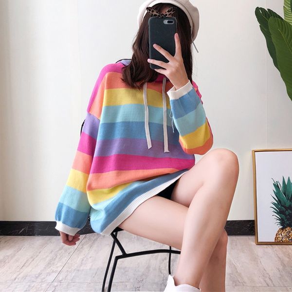 kawaii rainbow stripe hooded sweater korean sweet knitted pullover knitwear long sleeve jumpers pull femme, White;black
kawaii rainbow stripe hooded sweater korean sweet knitted pullover knitwear long sleeve jumpers pull femme, White;black