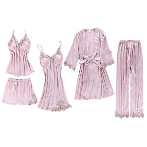 5pcs suit pajamas set ladies imitation silk embroidered floral lace applique trim solid color sleepwear push up padded nightgown, Black;red
5pcs suit pajamas set ladies imitation silk embroidered floral lace applique trim solid color sleepwear push up padded nightgown, Black;red