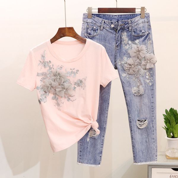 two women piece pants 3d floral flower t shirts jeans sets appliques embroidery tshirts holes jeans pants costumes suits, White
two women piece pants 3d floral flower t shirts jeans sets appliques embroidery tshirts holes jeans pants costumes suits, White