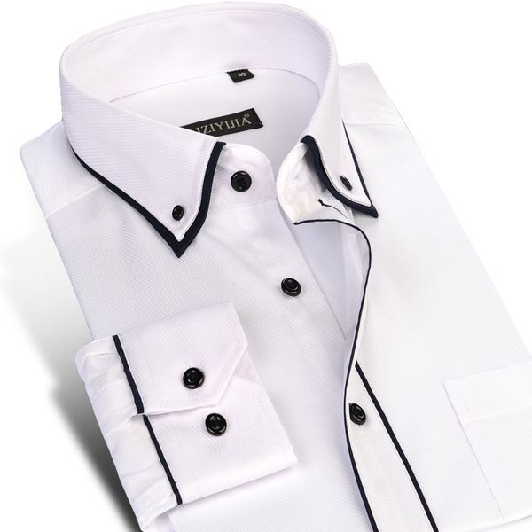 men's double layer collar dress shirt with black piping single patch pocket standard-fit long sleeve casual button down shirts, White;black
men's double layer collar dress shirt with black piping single patch pocket standard-fit long sleeve casual button down shirts, White;black