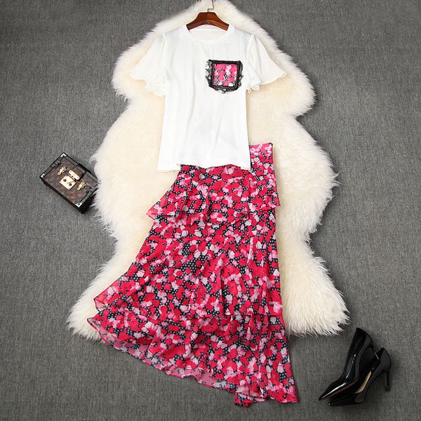 women black lace print pocket white t-shirt and ruffles chiffon skirt summer 2020 casual two piece set red orange
women black lace print pocket white t-shirt and ruffles chiffon skirt summer 2020 casual two piece set red orange