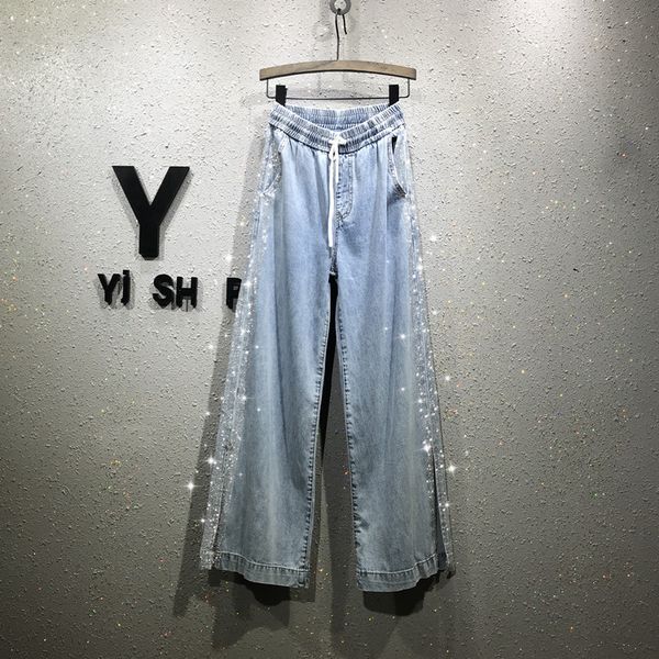 european 2019 summer elastic waist loose jeans side drilling water drill thin tencel denim wide leg trousers leisure pants, Blue
european 2019 summer elastic waist loose jeans side drilling water drill thin tencel denim wide leg trousers leisure pants, Blue