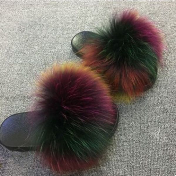 

26 colors fox hair slippers women fur home fluffy sliders plush furry summer flats sweet ladies shoes size 45 cute pantufas, Black