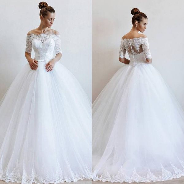 modest half sleeve off the shoulder a line wedding dress plus size tulle lace long bridal gown vestidos de novia, White
modest half sleeve off the shoulder a line wedding dress plus size tulle lace long bridal gown vestidos de novia, White
