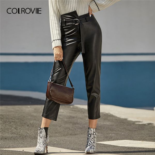 colrovie black asymmetrical waist belted pu leather crop pants women high waist trousers 2020 autumn solid straight leg pants, Black;white
colrovie black asymmetrical waist belted pu leather crop pants women high waist trousers 2020 autumn solid straight leg pants, Black;white