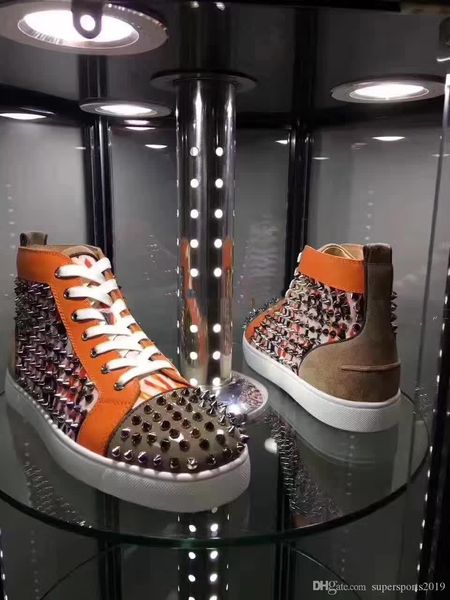 men's high shoes sneakers red bottom spiked colors studs +suede leather men's party wedding outdoor walking trainers red soles, Black
men's high shoes sneakers red bottom spiked colors studs +suede leather men's party wedding outdoor walking trainers red soles, Black