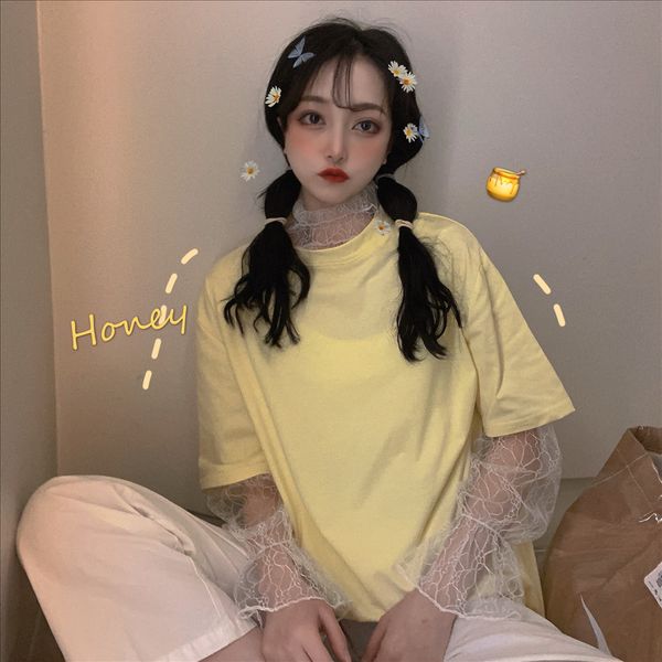 хань фэн ins сюань я. фэн молока желтый короткий рукав + кружева высокий воротник длинный рукав внутренний галстук t, White 
хань фэн ins сюань я. фэн молока желтый короткий рукав + кружева высокий воротник длинный рукав внутренний галстук t, White