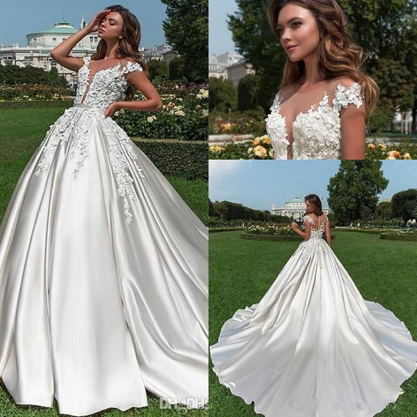 Elegant Country Short Sleeves Lace Wedding Dresses 2019 Summer Beach A Line Satin Lace Appliqued Bridal Gowns with Sweep Train
Elegant Country Short Sleeves Lace Wedding Dresses 2019 Summer Beach A Line Satin Lace Appliqued Bridal Gowns with Sweep Train