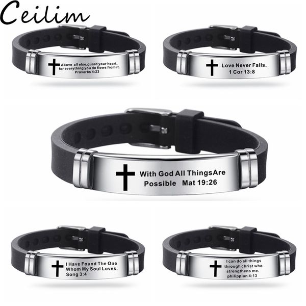 new design bible verse bracelets for men silicone bibles quotes christian prayer cross bangle stainless steel bracelet, Black
new design bible verse bracelets for men silicone bibles quotes christian prayer cross bangle stainless steel bracelet, Black
