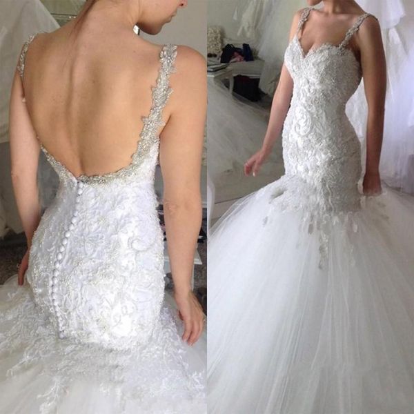 2020 new mermaid wedding dresses spaghetti straps lace appliques silver crystal beaded court train plus size backless plus size bridal gowns, White
2020 new mermaid wedding dresses spaghetti straps lace appliques silver crystal beaded court train plus size backless plus size bridal gowns, White