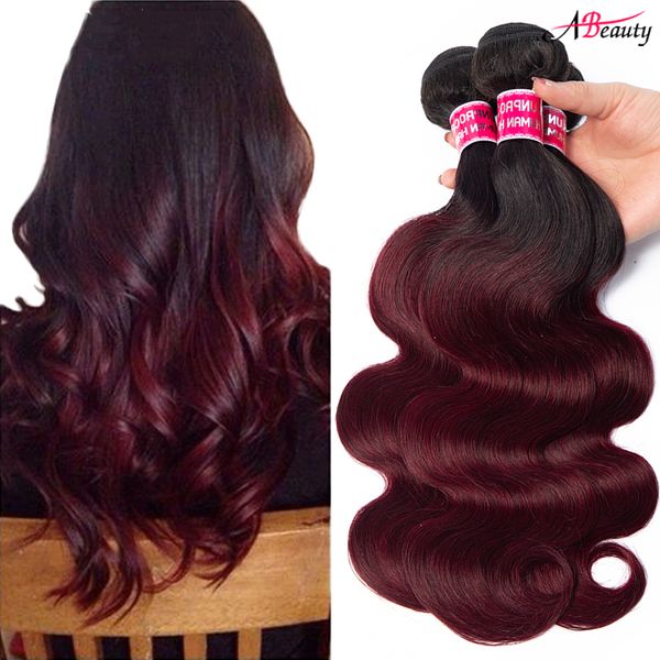 

ombre weave hair bundle two tone color 1b 99j burgundy wine red unprocessed body wave brazilian ombre human hair, Black