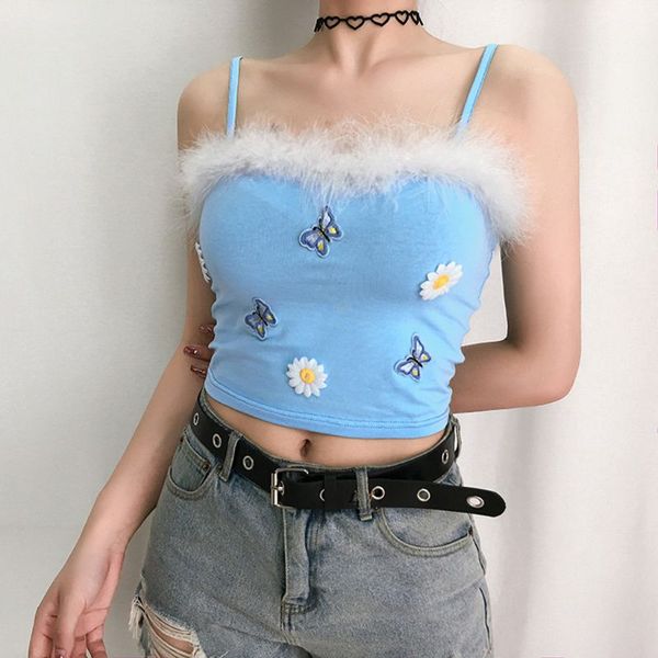womens sleeveless crop fluffy faux fur slim camisole butterflies flower embroidery spaghetti strap sling vest, Gray;blue
womens sleeveless crop fluffy faux fur slim camisole butterflies flower embroidery spaghetti strap sling vest, Gray;blue