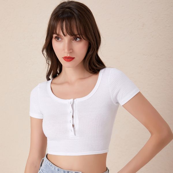 women's t-shirt short-sleeved various exposed navel buttons round neck short sleeve casual summer for women, White
women's t-shirt short-sleeved various exposed navel buttons round neck short sleeve casual summer for women, White