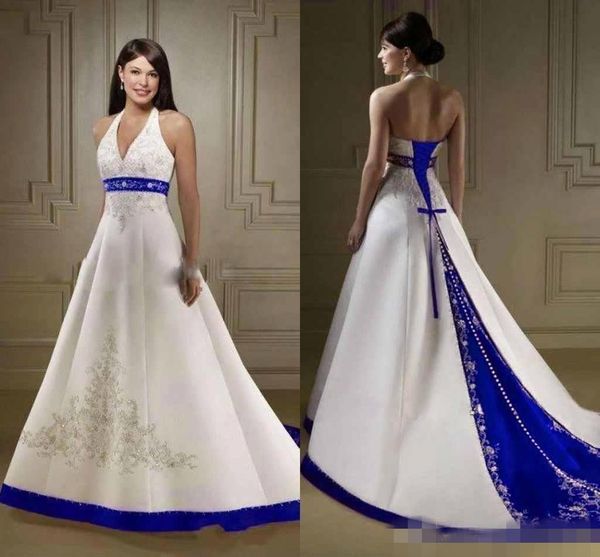 vintage ivory royal blue dark red wedding dresses a line halter embroidery lace appliqued beaded crystal buttons wedding bride gown, White
vintage ivory royal blue dark red wedding dresses a line halter embroidery lace appliqued beaded crystal buttons wedding bride gown, White