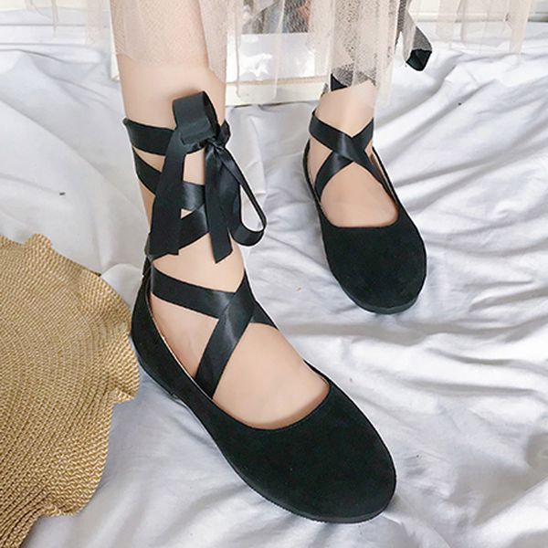 

2019 spring ballet flats women solid round toe loafers shallow flat shoes cross-tied slip on fashion shoes xwd7437, Black