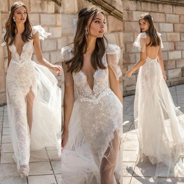 gorgeous lace mermaid wedding dresses 2020 berta open back cap sleeve split bridal gowns appliqued plunging v neck robe de soriee, White
gorgeous lace mermaid wedding dresses 2020 berta open back cap sleeve split bridal gowns appliqued plunging v neck robe de soriee, White