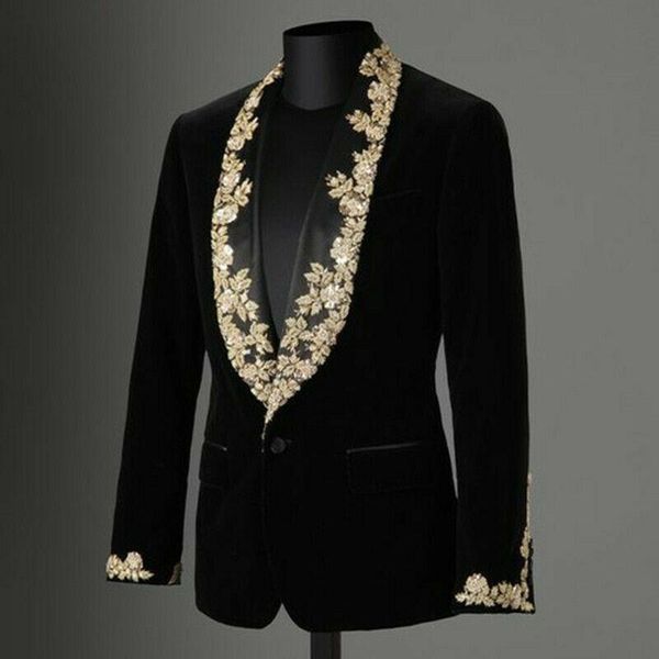 winter black men's velvet suit gold lace appliques shawl lapel slim blazer formal evening wear plus only one jacket, Black;gray
winter black men's velvet suit gold lace appliques shawl lapel slim blazer formal evening wear plus only one jacket, Black;gray