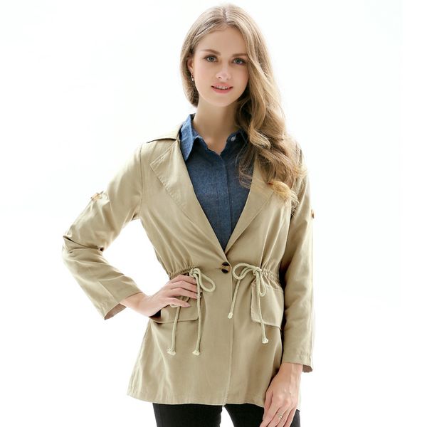 single button turn down collar khaki overcoat autumn outwear women slim casual long sleeve trench coat with adjustable waist, Tan;black
single button turn down collar khaki overcoat autumn outwear women slim casual long sleeve trench coat with adjustable waist, Tan;black