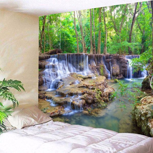

Beautiful Wall Hanging Tapestry Forest Beautiful Waterfall Hd Scenery Beach Towel Nature Tenture Mural Polyester Carpet