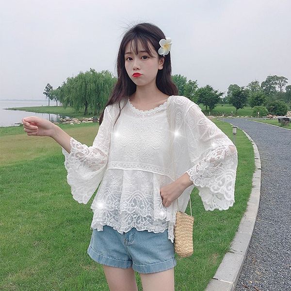 summer women sweet fresh lace trumpet sleeve shirt hollow embroidery crochet cropped sleeve new arrival, White
summer women sweet fresh lace trumpet sleeve shirt hollow embroidery crochet cropped sleeve new arrival, White