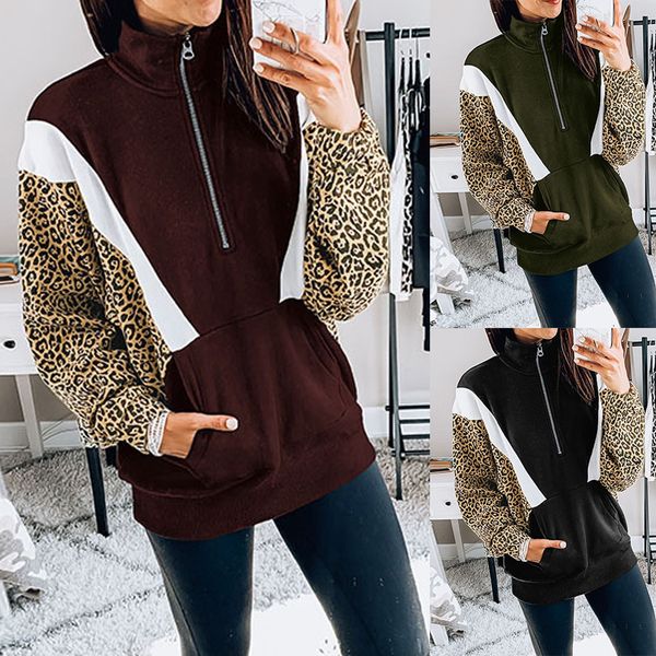 pullover blouse print long-sleeved coat women fashion stand collar zipper pockets leopard print outwear pullover, Black
pullover blouse print long-sleeved coat women fashion stand collar zipper pockets leopard print outwear pullover, Black