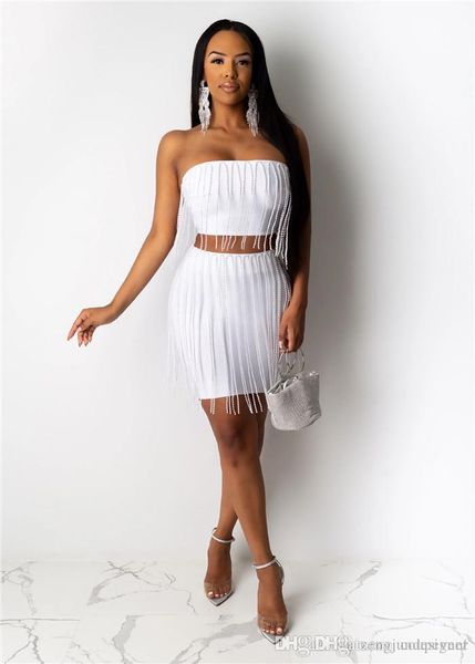 womens tassel 2pcs dresses night club solid color tube summer style female clothing casual apparel, White
womens tassel 2pcs dresses night club solid color tube summer style female clothing casual apparel, White