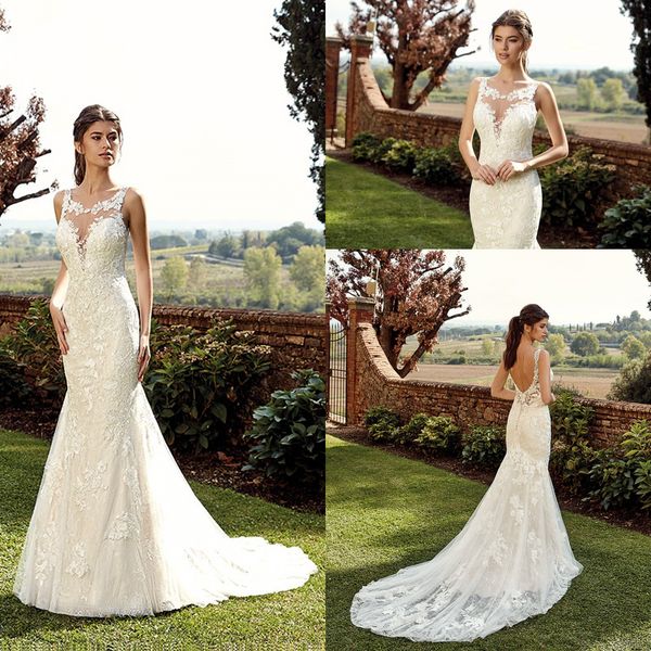 2019 sheer crew neck lace mermaid wedding dresses tulle applique backless court train wedding bridal gowns with buttons, White
2019 sheer crew neck lace mermaid wedding dresses tulle applique backless court train wedding bridal gowns with buttons, White