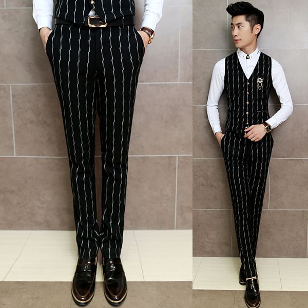 high-grade striped suit pants men classic black dress pant slim fit business casual mens trousers and vest, White;black
high-grade striped suit pants men classic black dress pant slim fit business casual mens trousers and vest, White;black