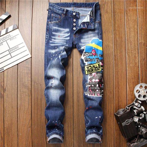 mens printed ripped jeans fashion designer summer botton casual straight pants mid waist slim male clothing, Blue
mens printed ripped jeans fashion designer summer botton casual straight pants mid waist slim male clothing, Blue
