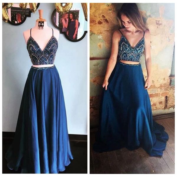 spaghetti straps elastic satin two piece prom dresses royal blue crystal rhinestones beading a-line skirt womens formal dresses, Black
spaghetti straps elastic satin two piece prom dresses royal blue crystal rhinestones beading a-line skirt womens formal dresses, Black