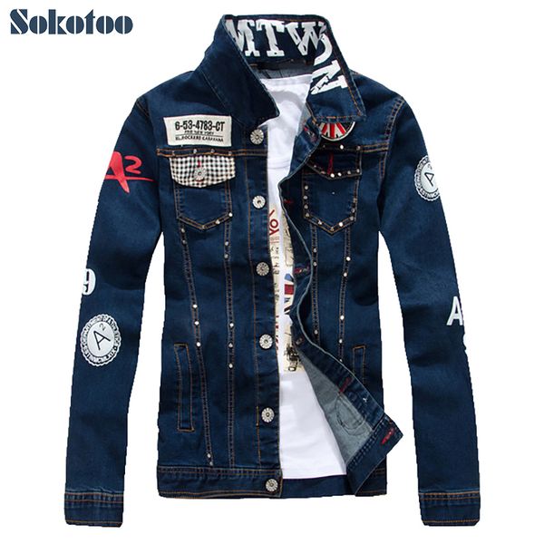 sokotoo men's slim english flag patch design rivet jean jacket casual dark blue washed denim coat outerwear, Black;brown
sokotoo men's slim english flag patch design rivet jean jacket casual dark blue washed denim coat outerwear, Black;brown