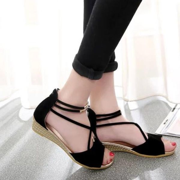 sagace roman sandals women flat shoes summer beach women's solid color suede wedge fish mouth cross strap sandals roman shoes, Black
sagace roman sandals women flat shoes summer beach women's solid color suede wedge fish mouth cross strap sandals roman shoes, Black