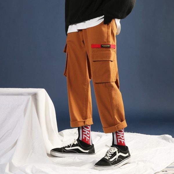 

2018 new autumn and winter overalls men's solid color multi-pocket straight pants casual pants trousers black / orange m-2xl