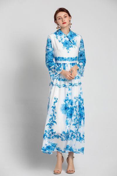 women's runway dresses turn down collar long flare sleeves floral printed high street casual maxi dresses, Black
women's runway dresses turn down collar long flare sleeves floral printed high street casual maxi dresses, Black