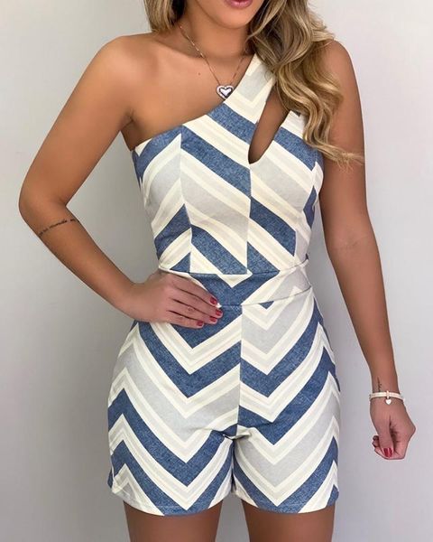 one shoulder chevron stripes rompers women summer playsuits, Black;white
