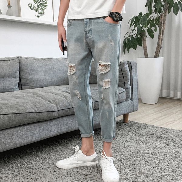 men's slim fit with holes jeans 2019 spring men teenager skinny pants men's casual 9 points jeans, Blue
men's slim fit with holes jeans 2019 spring men teenager skinny pants men's casual 9 points jeans, Blue