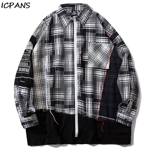 men's casual shirts icpans patchwork pocket long sleeve zipper plaid shirt hip hop streetwear dress distressed destroyed holes color bl, White;black
men's casual shirts icpans patchwork pocket long sleeve zipper plaid shirt hip hop streetwear dress distressed destroyed holes color bl, White;black