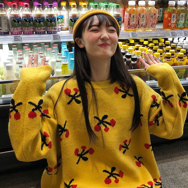 2019 winter korean harajuku style women cute cherry embroidery sweater loose lazy wind small fresh sweet cherry female sweater, White;black
2019 winter korean harajuku style women cute cherry embroidery sweater loose lazy wind small fresh sweet cherry female sweater, White;black
