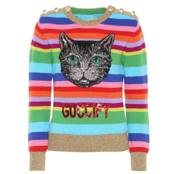 2018 autumn rainbow striped long sleeves women's sweaters designer shoulder beads sequins embroidery letter print pullovers women 91808, White;black
2018 autumn rainbow striped long sleeves women's sweaters designer shoulder beads sequins embroidery letter print pullovers women 91808, White;black