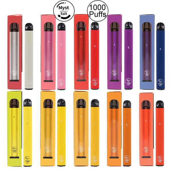 

Оригинал Myst Соль Plus 1000 + пуфы одноразовых устройства Vape Pen 650mAh Аккумулятор 3,2 мл Предварительно заполненный Starter Kits портативных системы Испарителей Испарение